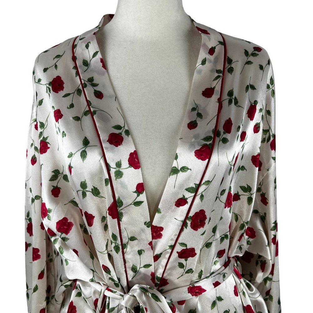 Like new JOSIE NATORI Kimono Style Cream Satin-Like Red Rose Print Robe … - Picture 10 of 11